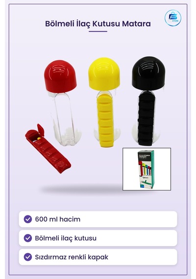 İlaç Kutusu Matara 600 Ml Plastik Suluk Bölmeli Günlük Hap Organi Çok Renkli