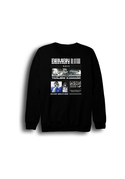 Demon Slayer Tanjirō Kamado Anime Baskılı Unisex %100 Pamuk Siyah Bisiklet Yaka Sweatshirt Siyah