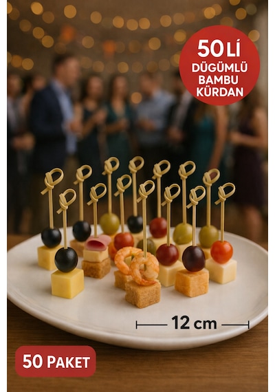 50 Li Pkt 12 Cm Kahve Düğümlü Bambu Kürdan Parti Sunum, Kokteyl, Kanepelik Doğal Servis Çubuğu