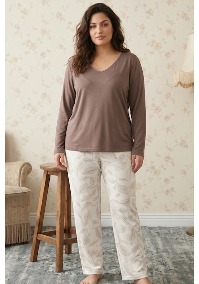 Siyah İnci Vizon Desenli Büyük Beden Battal Boy Viskon Örme Pijama Takım 26224813