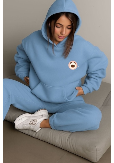 Benroma 3 İplik Penye Küçük Panda Baskılı Ünisex Kapüşonlu Sweat Bebe Mavisi