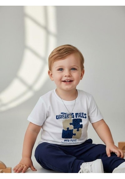 Zekids Erkek Bebek Yapboz Baskılı Pamuklu Kısa Kollu T-shirt-16930 Beyaz