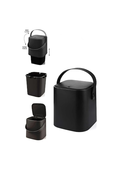 Tutma Saplı İç Kovalı Tezgah Üstü Mutfak Çöp Kovası, 4 Litre, Kilitli Kapak, Click Kapak, 20x20 Siyah