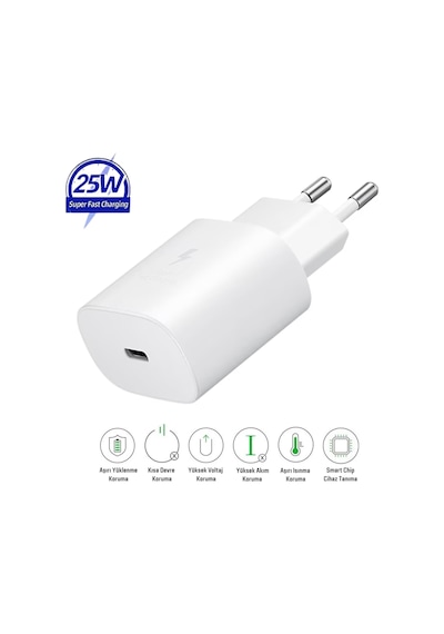 Samsung Galaxy Tab S10 Fe Plus Uyumlu 25w Type-c Girişli Super Hızlı Şarj Adaptörü - Garantili Beyaz