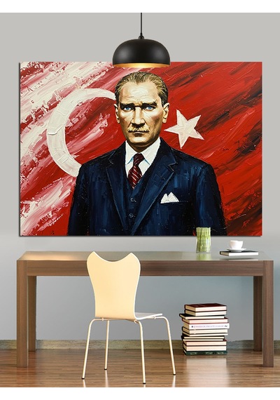 Bayrak Önünde Atatürk Portre Dekoratif Kanvas - Mdf Ahşap Tablo