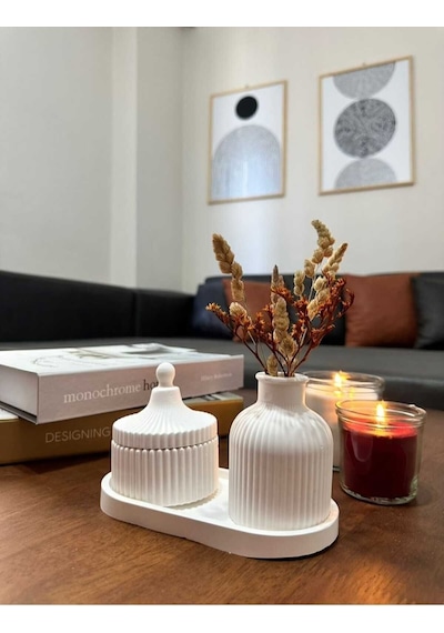 Bernami Mumluk Şamdanpinterest Dekoratif 3'lü Vazo Sunumluk Tabak Set Beyaz Diğer