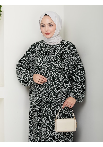 Nevayla Moda Desenli Önü Büzgülü Viskon Elbise - Haki / E0131 Haki