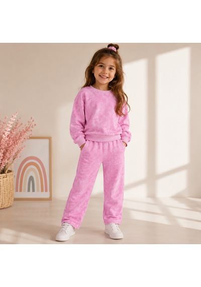 Luess Kız Çocuk Pembe Batik Yıkamalı Sweatshirt Boru Paça Eşofman Altı 2'li Takım