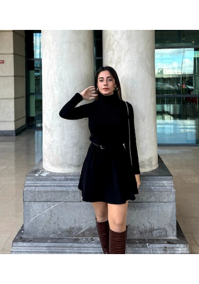 De'charme Kadın Uzun Kollu Balıkçı Yaka Salaş Kusa Akrilik Elbise Siyah