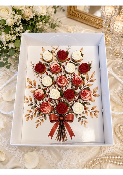 Mini Cupcake 17 Bölmeli Kapağı Pencereli Gül Buket Kutu
