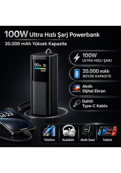 100w Ultra Hızlı Şarj Powerbank 20000 Mah Pd 3.0 Tft Ekranlı Dahili Type-c Kablolu Siyah
