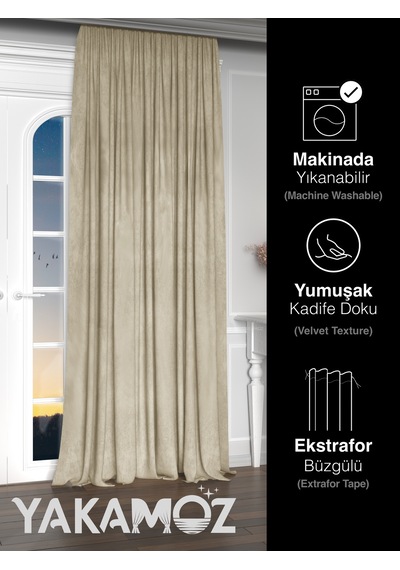 Yakamoz Kadife Görünüm Kumsal Beji Ada Fon Perde Ekstraforlu Velvet Touch Serisi Kumsal Beji