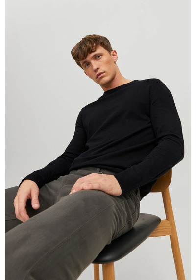 Jack & Jones Erkek Bisiklet Yaka Siyah Triko Kazak - 12208364 Siyah