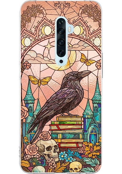 Printify Oppo Reno 2z İle Uyumlu Vitray Bilge Kuzgun Tasarımlı Şeffaf Silikon Kılıf Şeffaf