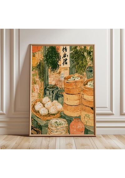 Asya Sokak Yemekleri Baskısı Dim Sum Duvar Sanatı Çin Pazarı Posteri