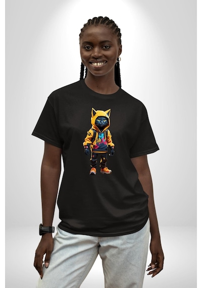 Spor Eşofman Takımı Sarı Kedi İnsan Pamuklu Bisiklet Yaka Unisex Oversize Boyfriend Dijital Baskılı Siyah T-shirt Siyah