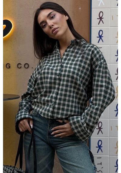 Madmext Yeşil Oversize Kareli Kadın Gömlek Mg2822