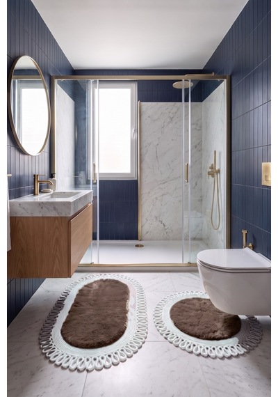 Banyo Paspası Takımı 60x100+60x60 Cm Dış Trikot Mouss Kahve & Gümüş