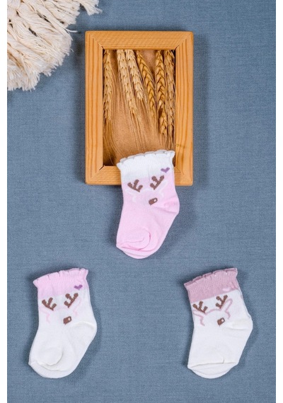 Cocole Socks Kız Bebek Soket Çorabı 3 Lü Set Pamuklu Fırfırlı Bilekli & Geyik Desenli Çok Renkli