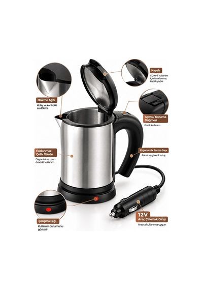 Lb Otomobil İçin 12v Çakmak Soketli Paslanmaz Çelik Taşınabilir Su Isıtıcı Seyahat Kettle