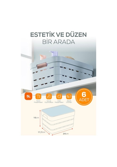 Vienev 6'lı Kapaklı 5 Litre Delikli Saklama Kutusu Beyaz Beyaz