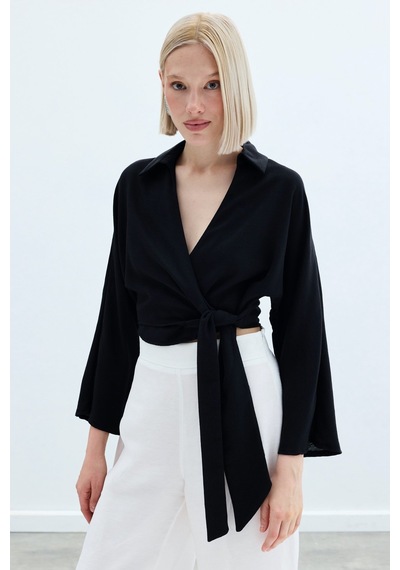 Sateen Bağlamalı Keten Bluz - Siyah-136205 Siyah