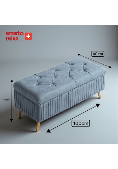 Smarto Relax Swiss Style Puf , Appenzell Kapitonesandıklı Puf, Babyface Kaplama, 100x40x45 Cm, Ahşap Ayaklı ,sandıklı Dekoratif Puf Gri
