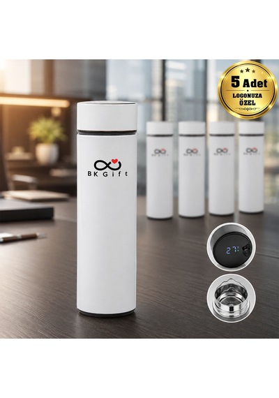 Logonuza Özel 5 Adet 5338 Dijital Süzgeçli Çelik Termos 450 Ml Kurumsal Termos Beyaz