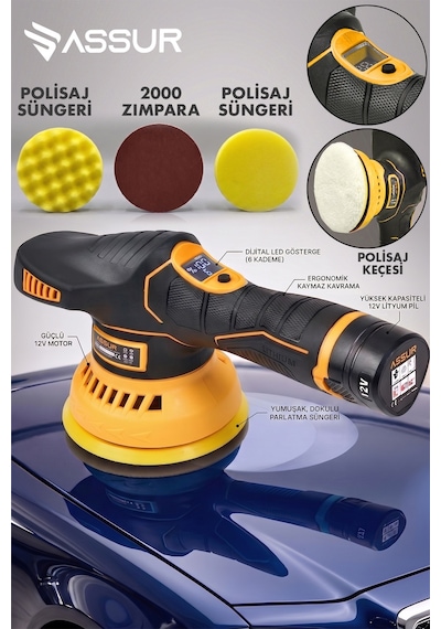 Assur 12V Orbital 6 Kademeli Pasta Cila Kaporta Parlatma Şarjlı Polisaj Makinesi