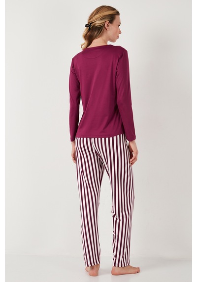 Lela Regular Fit Desenli Bisiklet Yaka Bayan Pijama Takımı 65719102 Mürdüm