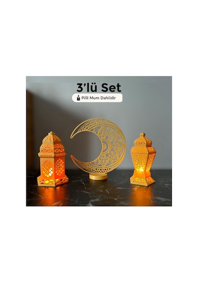 Ramazan Süsleme 3 Lü Set Led Işıklı Dekoratif Hilal Ay Ve Fener Takımı Pilli Mumlu Masaüstü Dekor