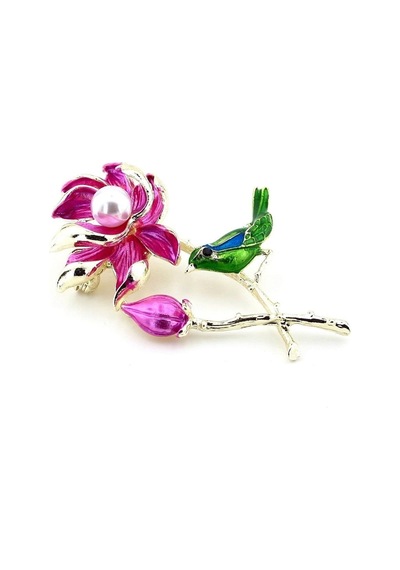 Solfera Pembe Lotus Çiçeği Daldaki Kuş Renkli Metal Broş Rz192