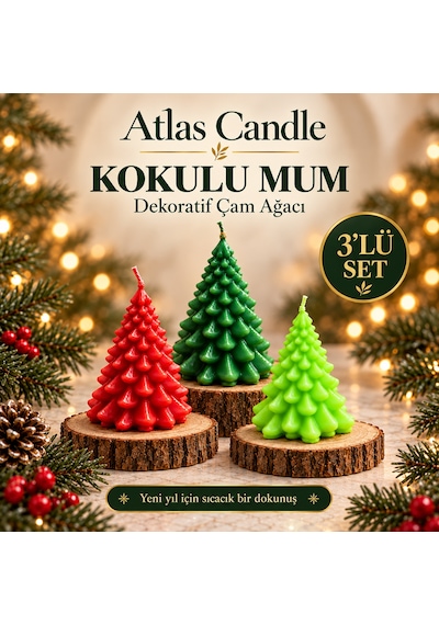 3 Lü Kokulu Yılbaşı Mum Seti - Kırmızı, Yeşil Ve Fosfor Yeşili Çok Renkli
