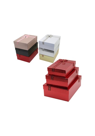 3pcs D.dörtgen Parlak Mix Renkli - Kabartma Desen Karton Hediye Kutusu Kurdelalı 33x24.5-28.5x20.5-24x16.5cm Çok Renkli