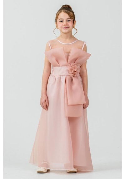 Mnk Baby & Kids Kız Çocuk Organze Tül Çiçek Ve Fiyonk Detaylı Gipe Sırtlı Prenses Abiye Elbise M00800 Pudra