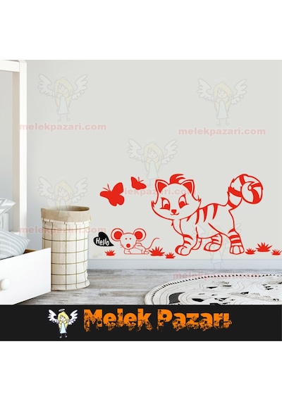 Sevimli Kedi Ve Fare Çocuk Odası Duvar Sticker