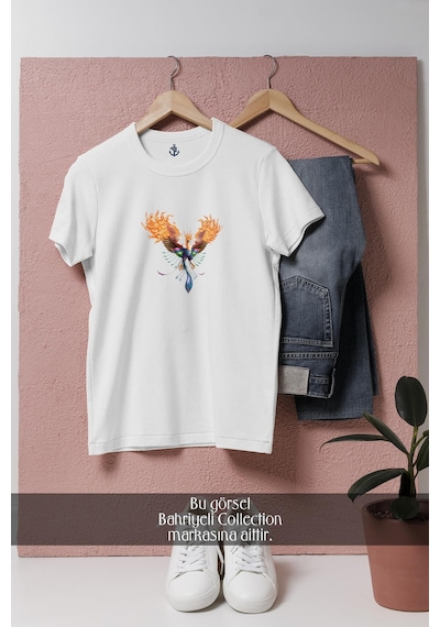 Oversize Colourful Phoenix With Open Wings Tasarımlı Unisex T-shirt Beyaz