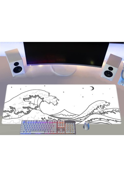 Gamer Mouse Pad 90x40 Mouse Pad Xxl Büyük Oyuncu Mousepad Beyaz Kanagawa, 90x40 Cm 3mm Kalınlık