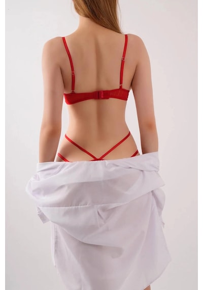 Transparan Kırmızı Dekolteli Balenli Fantazi İç Giyim Body Tm1409 Renk: Kırmızı