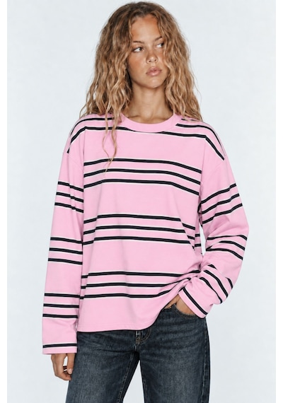 Hiccup Bıpantolon Kadın Oversize Çizgili Bisiklet Yaka Sweatshirt Pembe