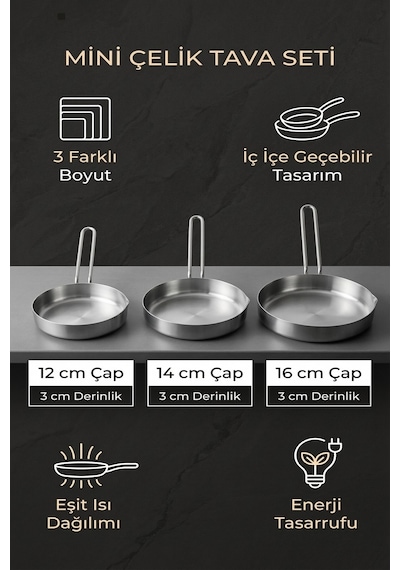 Makri Home 3 Lü Kompakt Çelik Tava Seti 12 Cm, 14 Cm, 16 Cm Krom