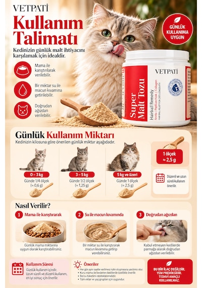 Vetpati Super Malt Tozu Kedi Maltı Psyllium Kollajen Omega 3 Taurin Tüy Yumağı Ve Sindirim Desteği
