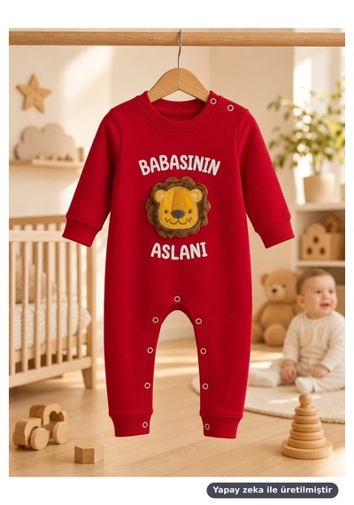 Ferasty İstanbul Erkek Bebek Tulum Babasının Aslanı Nakışlı Kırmızı