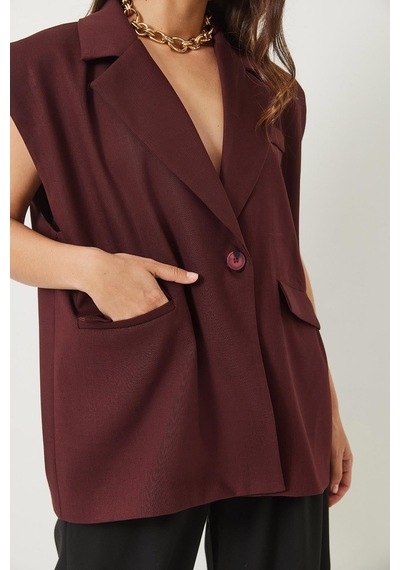 Shade Kadın Cep Detaylı Kemerli Vatkalı Oversize Astarlı Blazer Yelek 11143 60281003 - Bordo