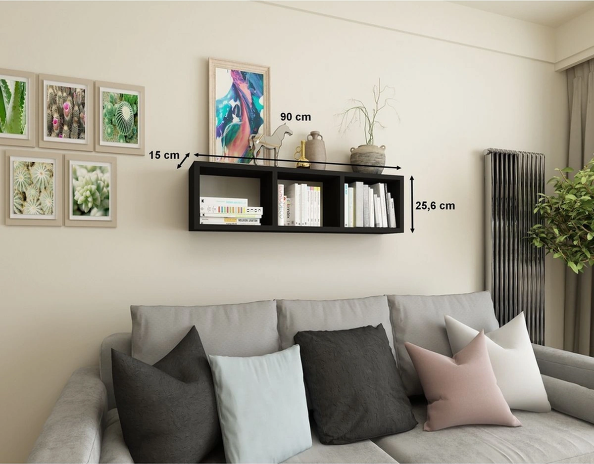 Kitaplık Hediye Duvar Rafı Mobilya 90 Cm Siyah Siyah