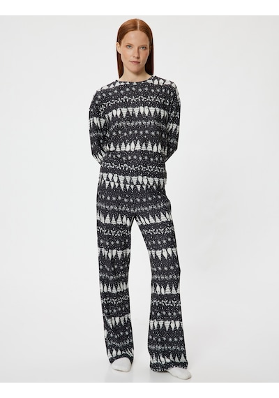Koton Yılbaşı Temalı Pijama Altı Düz Bol Paça Rahat Kalıp Siyah Desenli 5wlk40008mk Siyah