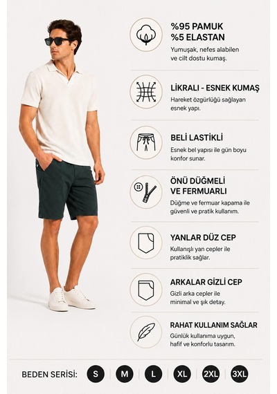 Haki Yeşili Likralı Esnek Kumaş Beli Lastikli Klasik Erkek Keten Şort // 2002-petrol