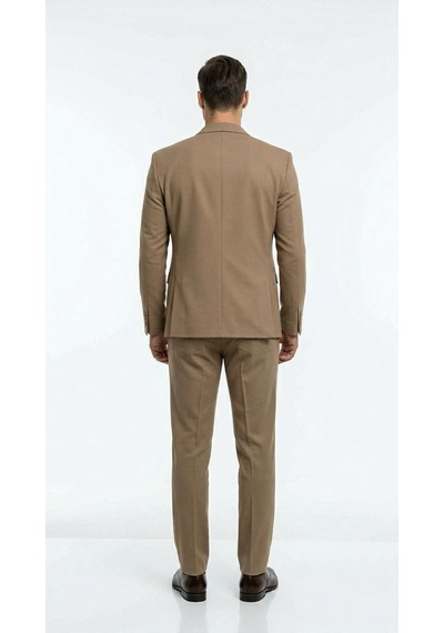 Erkek Slim Fit Mikro Dokulu Takım Elbise Çift Düğmeli Modern Kesim Vizon