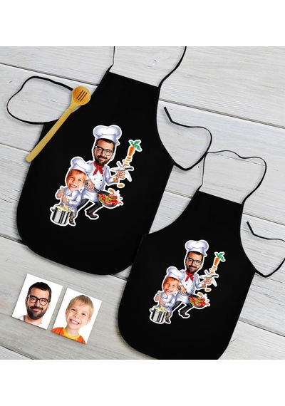 Kişiye Özel Ikili Baba Oğul Karikatürlü Siyah Mutfak Önlüğü Seti-