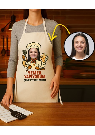 Kişiye Özel Karikatür Fotoğraflı Mutfak Önlüğü Terapi Pahalı Krem